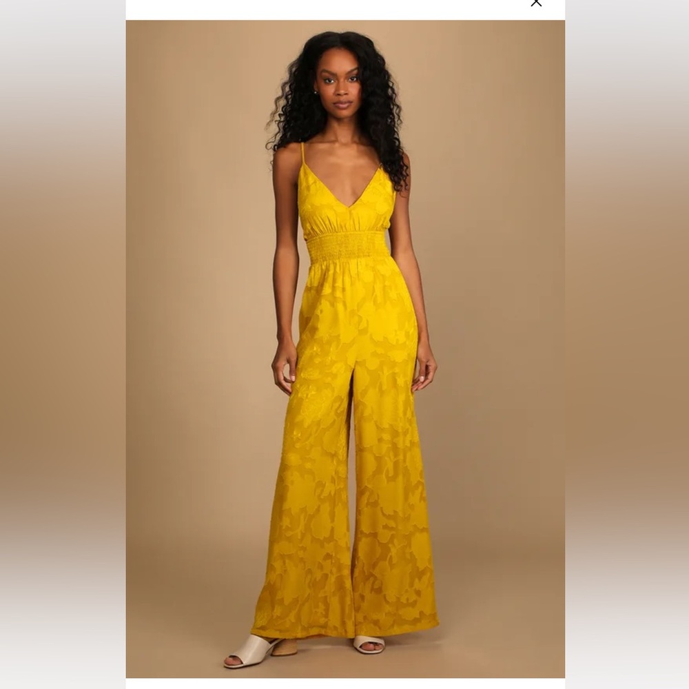 NWT Lulu Celebrate the Splendor Mustard Yellow Jacquard Wide-Leg Jumpsuit